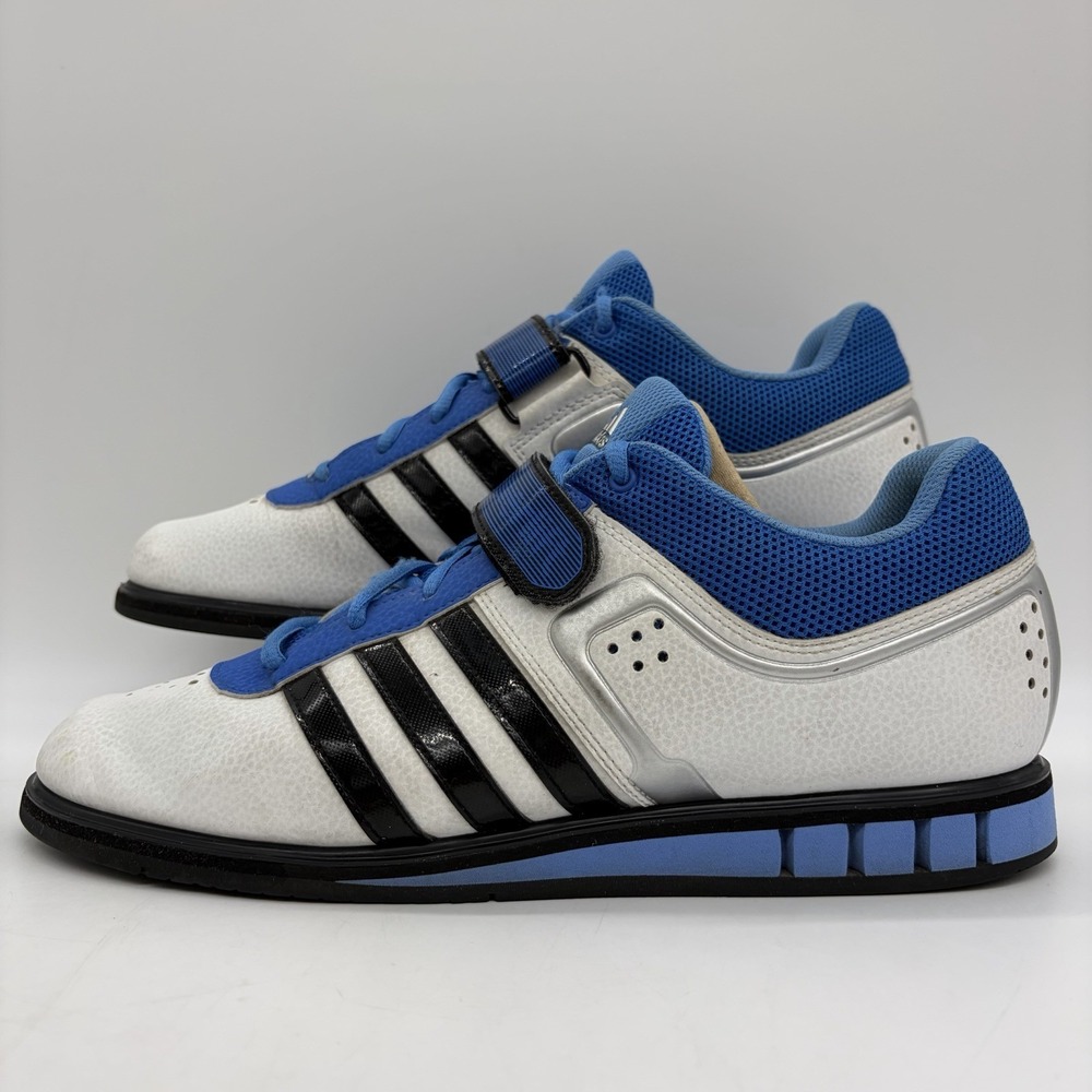 Adidas Mens 11 Powerlift 2 Weightlifting Shoes Blue & White w/ Black 3-Stripes